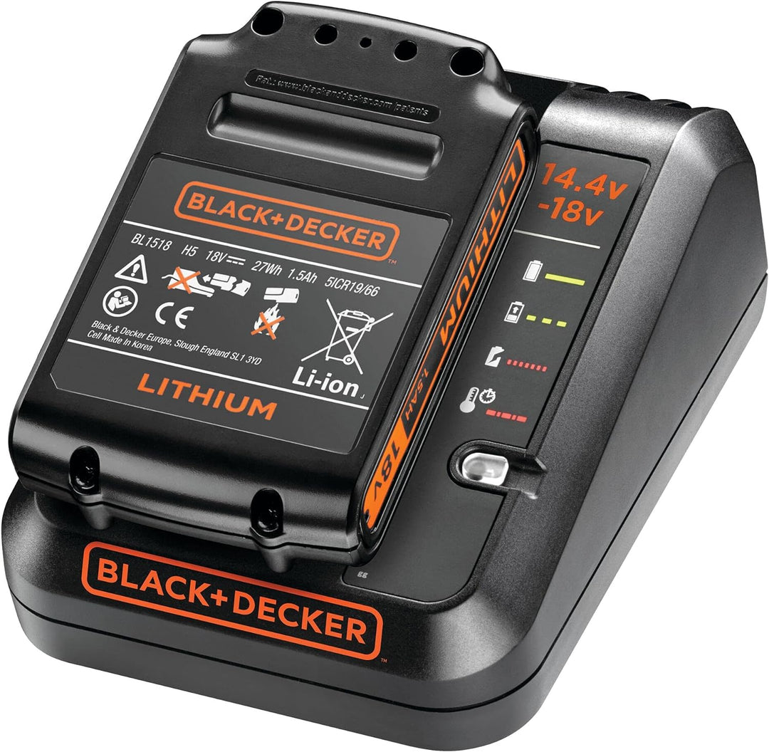 Black+Decker Multivolt-Schnellladegerät (für 14,4V Li-Ionen, 1Ah und 18V, 1Ah Akkus, Bestandteil des