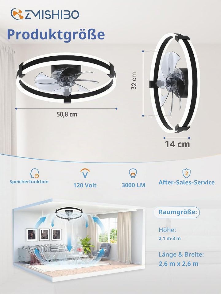 ZMISHIBO Deckenventilator mit Licht 51 cm Schwarz,Deckenventilator mit Beleuchtung,leise DC Motor,6