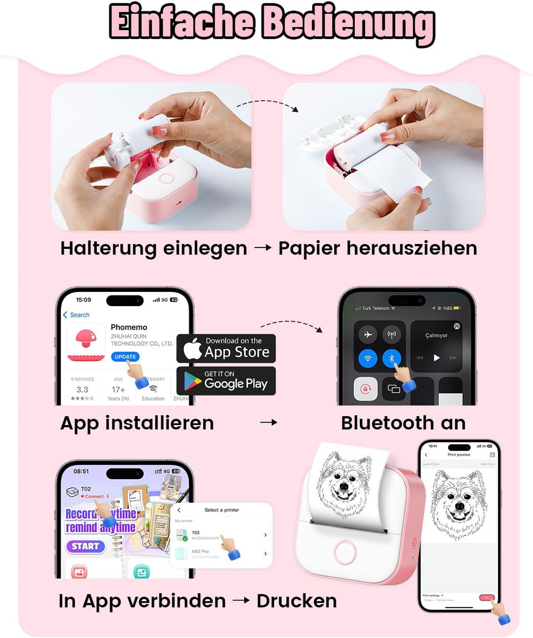 Phomemo Mini Etikettendrucker,T02 Sticker Fotodrucker für Smartphone,Handy Thermodrucker klein mit 3