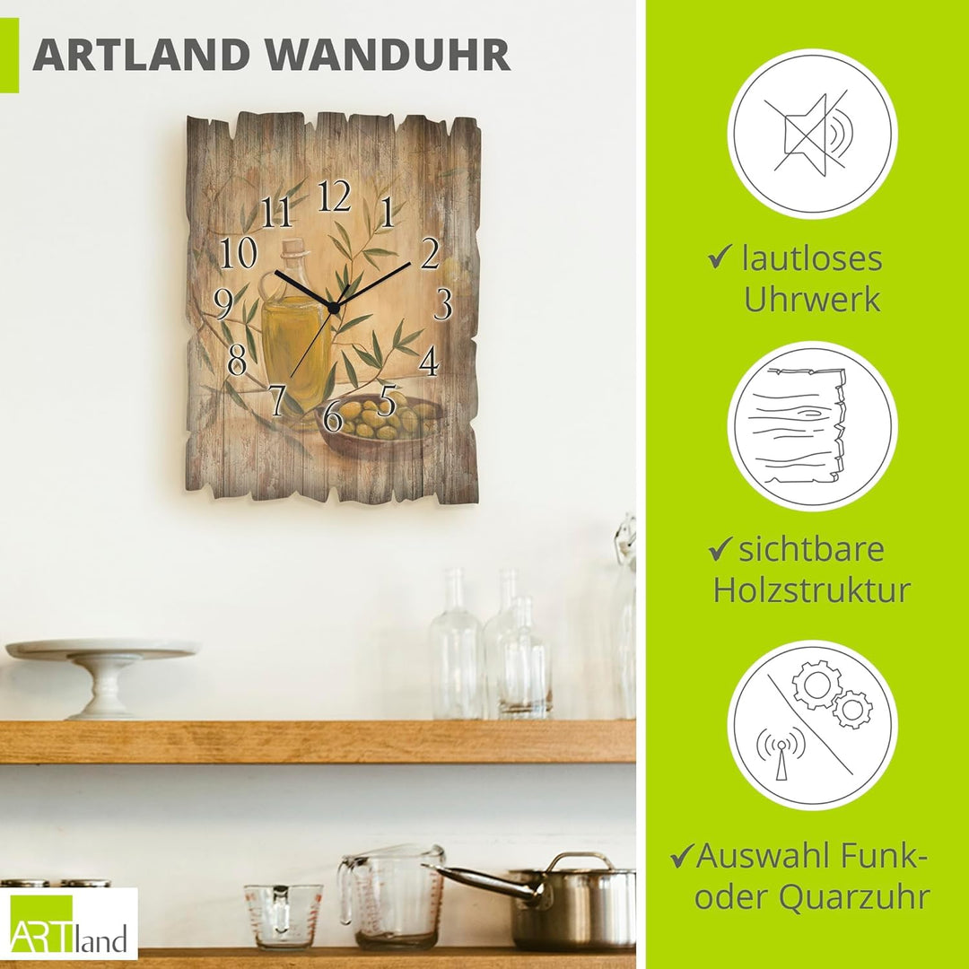 ARTLAND Wanddeko Wanduhr ohne Tickgeräusche aus Holz Funk Uhr 30x40 cm Rechteckig Lautlos Stillleben