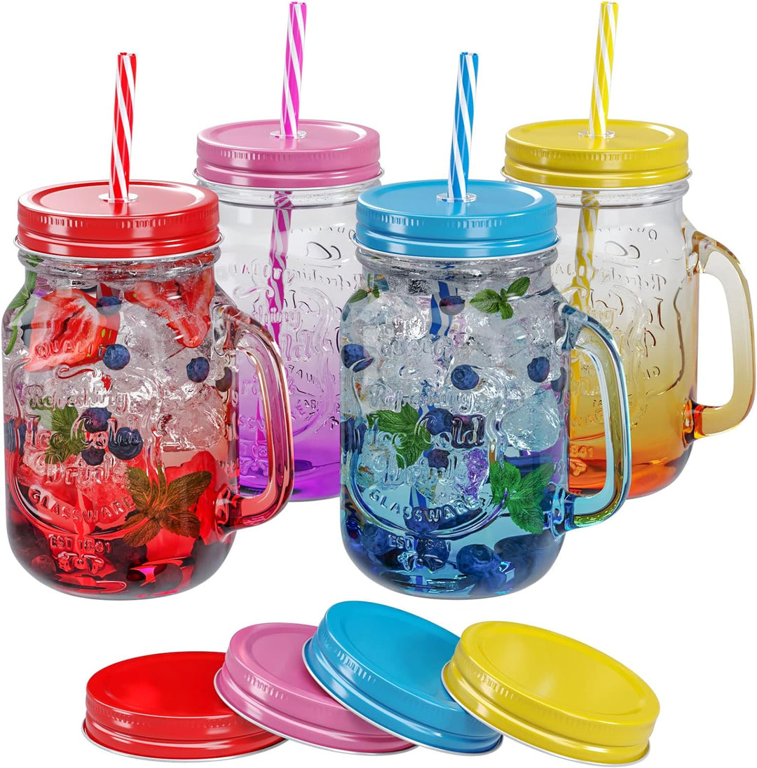 WELLGRO Trinkgläser Set bunt Farbverlauf mit Deckel und Trinkhalm 500ml inkl. Ersatzdeckeln Mehrweg