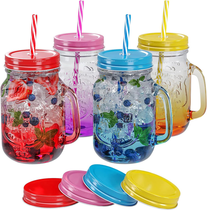 WELLGRO Trinkgläser Set bunt Farbverlauf mit Deckel und Trinkhalm 500ml inkl. Ersatzdeckeln Mehrweg