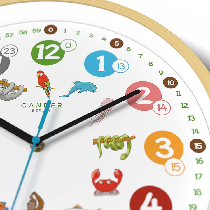 Cander Berlin MNU 2430 T Wanduhr Kinder Holzmotiv 30,5 cm Tiere Lernuhr Holzuhr lautlos geräuschlos