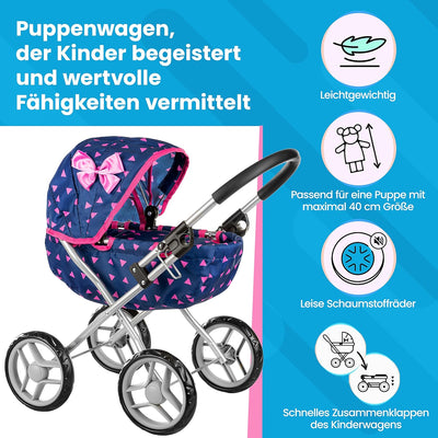 Kinderplay Puppenwagen ab 2, 3 Jahre Kinderwagen Spielzeug - Marineblaue, Puppenwagen Kombi, Leichte