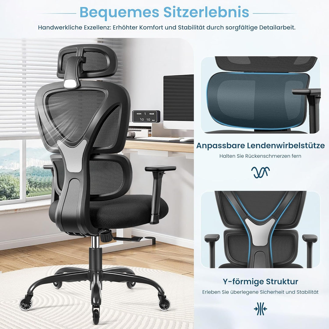KERDOM Bürostuhl Ergonomischer Schreibtischstuhl,mit Verstellbarer Kopfstütze, Armlehnen, Lendenwirb