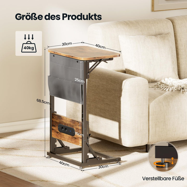 HLONONE Beistelltisch C Form, Klappbarer Sofatisch mit Steckdosen, Couchtisch mit Metallrahmen für S