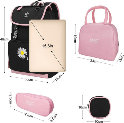 Schulrucksack Mädchen Teenager Schulranzen, Schultaschen-Set 4-in-1 mit Lunch Taschen Federmäppchen