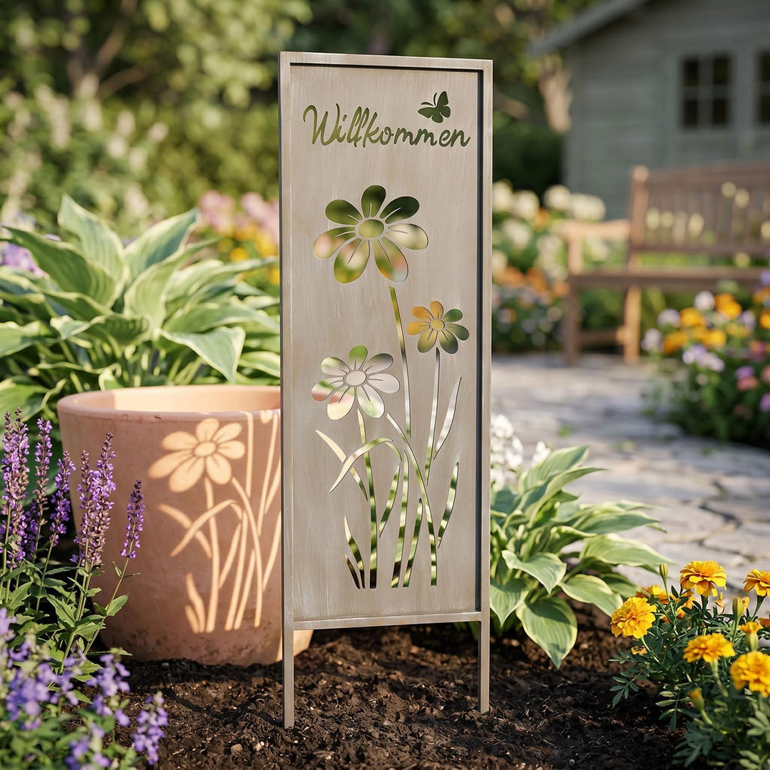 levandeo Gartenstecker Willkommen H83cm Stele Grau Betonoptik Gartenschild Schmetterling Garten-Deko