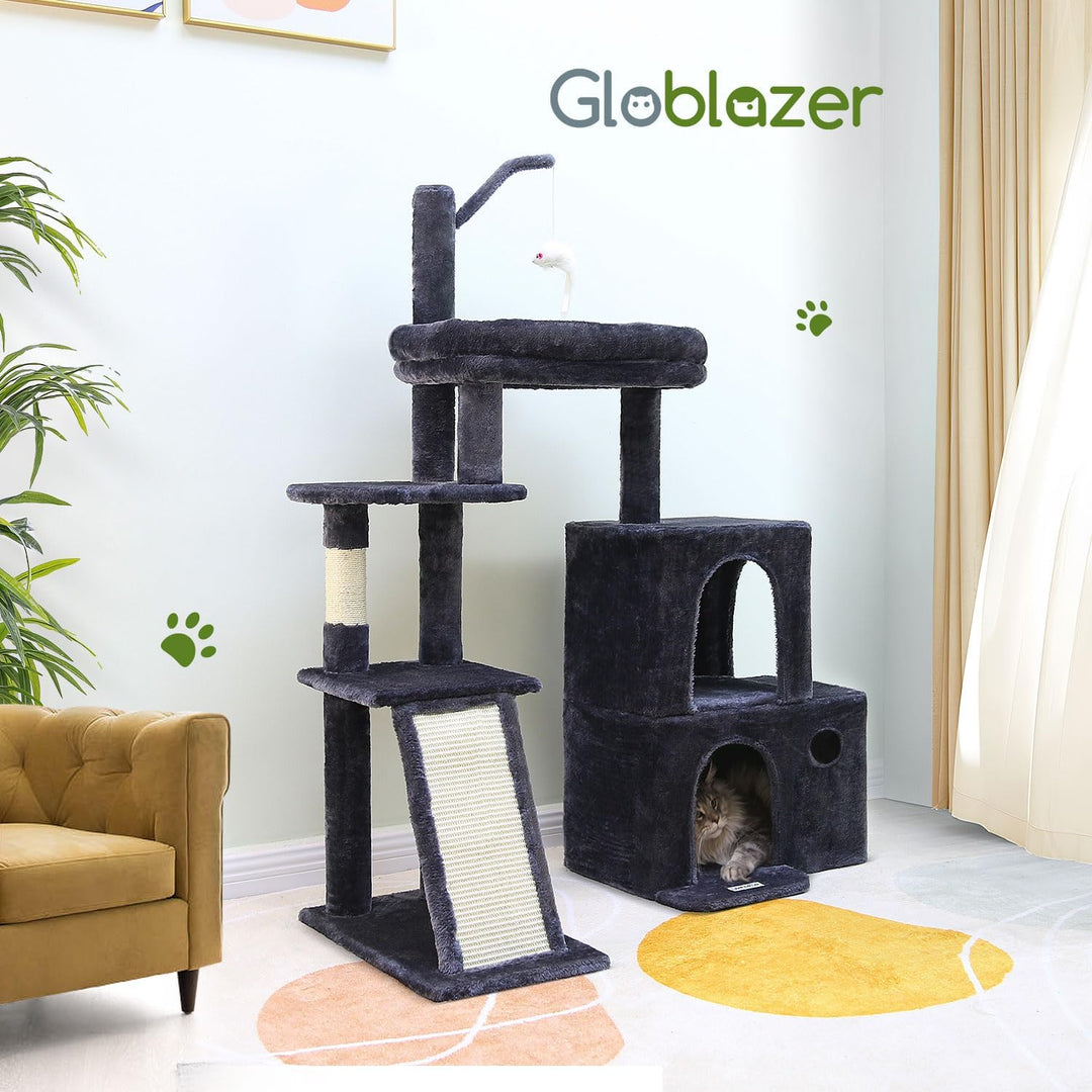 Globlazer Kratzbaum Stabil mit 2 Gross Basis, 2 Katzenhaus 90° Drehbares, Gepolsterte Plattform, Sis