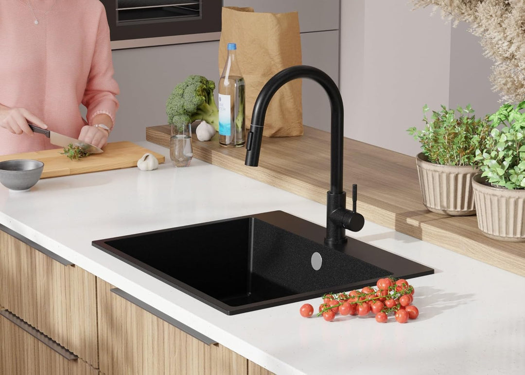Spülbecken Schwarz 58x50 cm, Granitspüle 1 Becken + Ablauf-Set + Küchenarmatur, Küchenspüle ab 60er