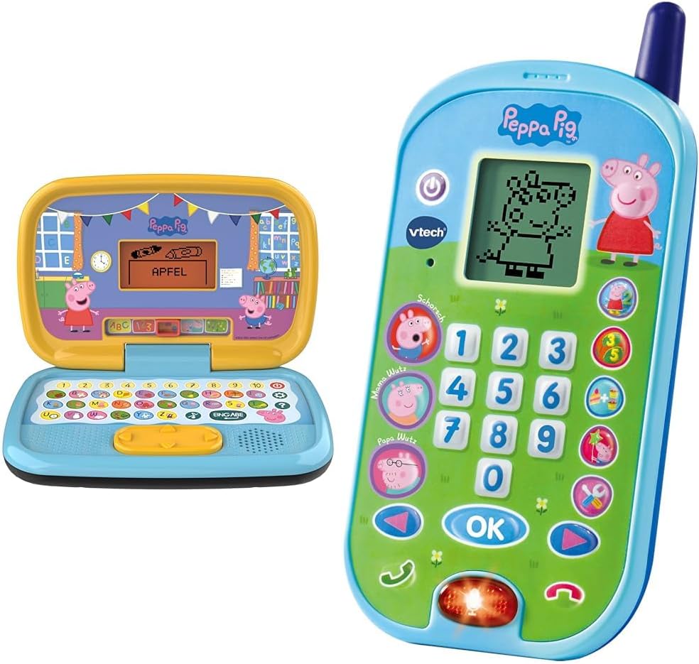 VTech Peppas Lernlaptop – Lerncomputer mit ABC-Tastatur & Peppas Lerntelefon – Mit den Originalstimm