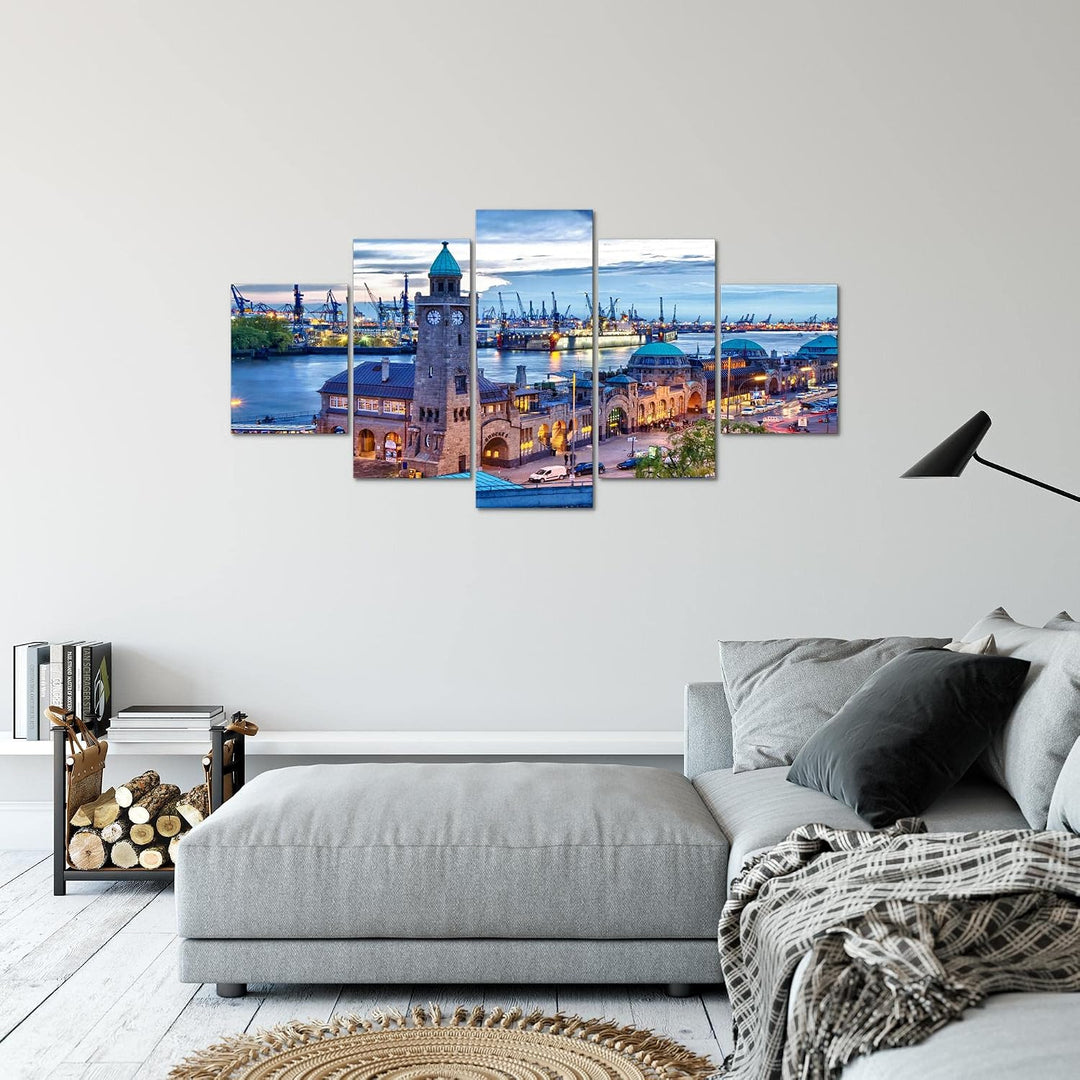 Runa Art Bild Wohnzimmer Schlafzimmer Hamburg 5 Teilig Stadt Hafen Blau Wandbilder auf Vlies Leinwan