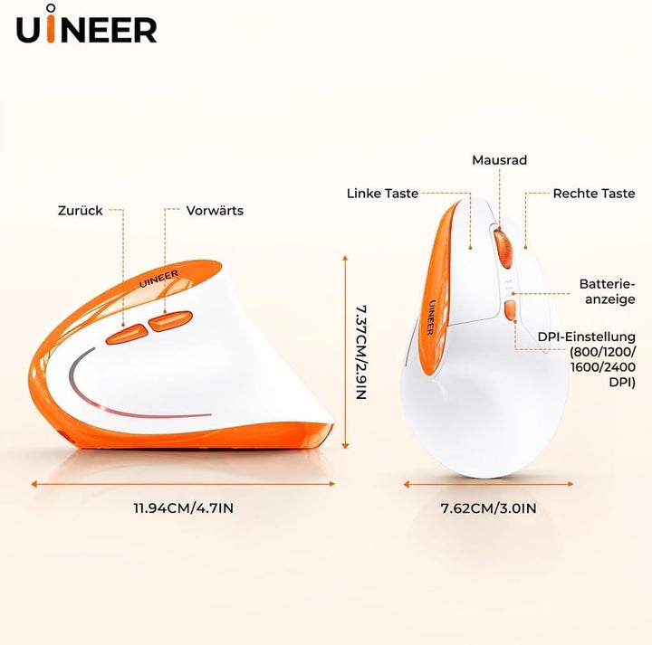 Uineer Vertikale Ergonomische Funkmaus 【Verbesserter Komfort】, leichtes und leises Design, wiederauf