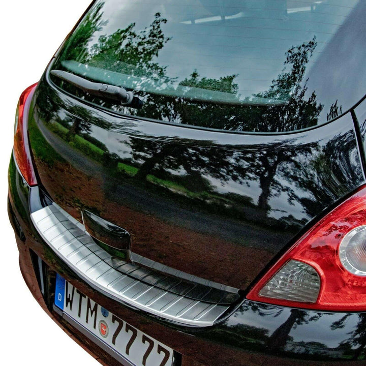 RECAMBO Ladekantenschutz Edelstahl kompatibel für OPEL Corsa D | 2006-2014 - matt gebürstet mit Text