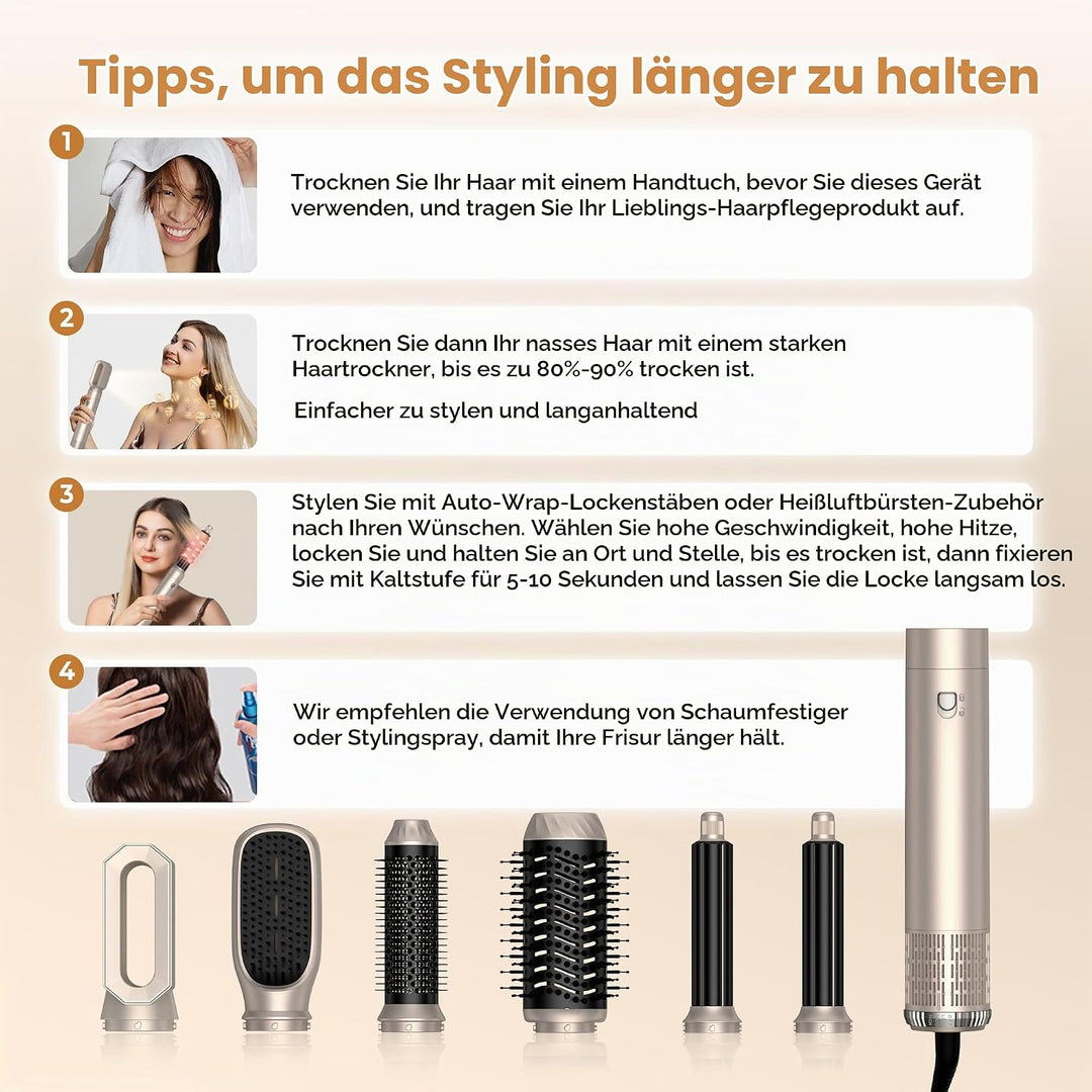 UKLISS Hairstyler 6 in 1 Air Styler Set - Pro Haarstyler Set 1000w mit Rundbürstenföhn, Air Curler,