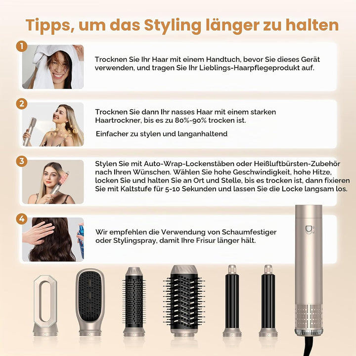 UKLISS Hairstyler 6 in 1 Air Styler Set - Pro Haarstyler Set 1000w mit Rundbürstenföhn, Air Curler,