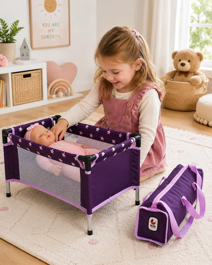 Bayer Chic 2000 Puppen-Reisebett | Stars Lila | Für Puppen bis 48 cm | Kompaktes Reisebett für Puppe