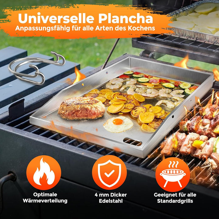 Grillplatte Plancha, 4 mm starker Edelstahlgrill für Gas- und Holzkohlegrills 40 x 30 x 4 cm, mit ab