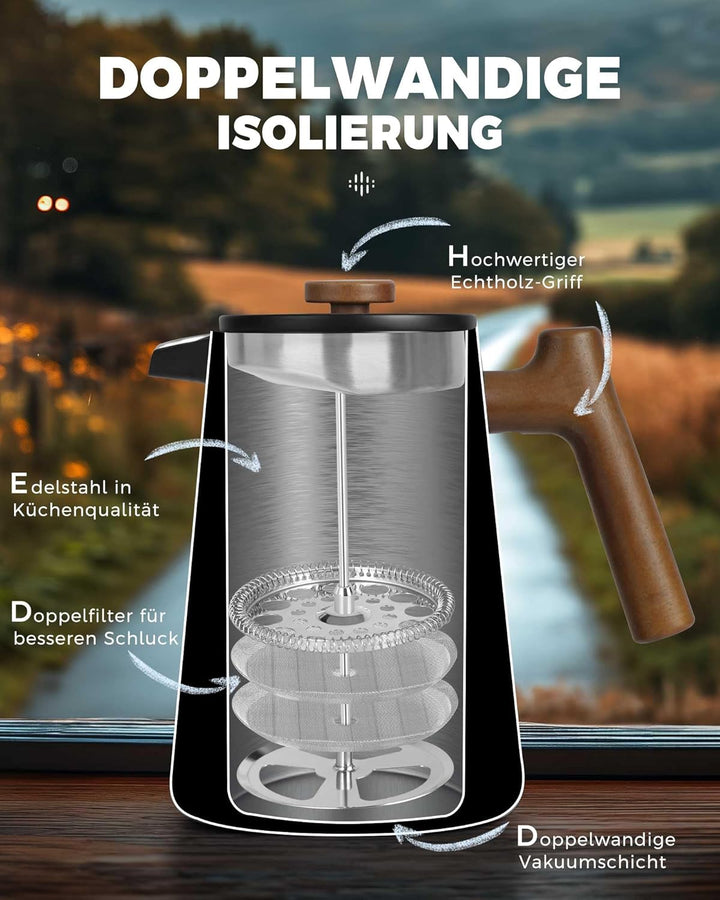 Poliviar French Press Kaffeebereiter 1 Liter/8 Tassen, Doppelwandige Isolierte Kaffeekanne und Teebe