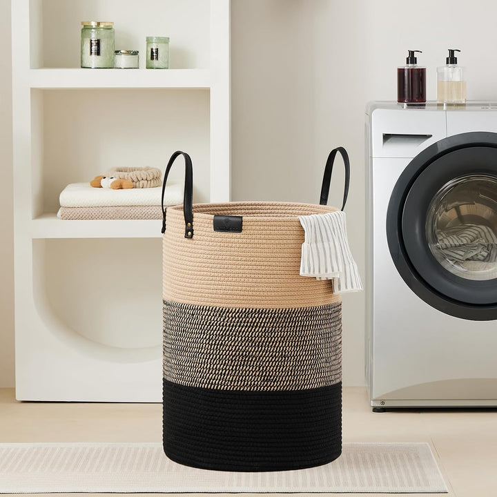 VIPOSCO Grosser Wäschekorb von Laundry mit Ledergriff, gewebter Aufbewahrungskorb für Decke, Spielze