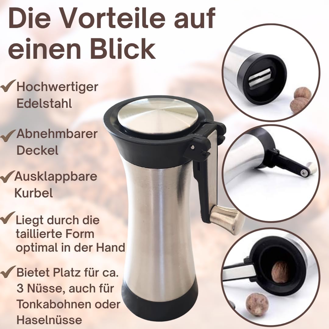 Muskatmühle Gewürzmühle Muskatnussmühle Edelstahl mit Aufbewahrungsbehälter und einklappbarer Kurbel