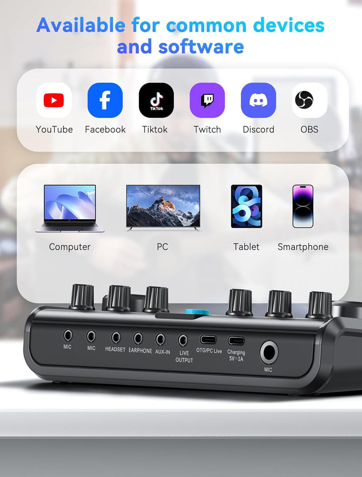SINWE All-in-One Podcast Set Pro • Studiomischer mit Kondensator-Mikrofon • Plug & Play Audiobox für