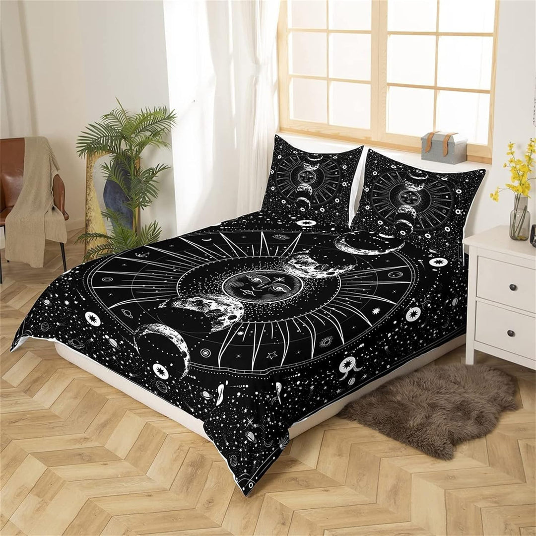 feelingyou Sonne Mond Bettwäsche-Set,Psychedelisch im Boho-Stil Bettwäsche Set 155x220cm,Schwarz und