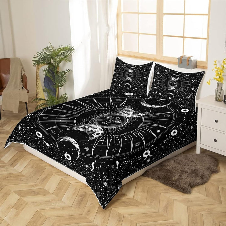 feelingyou Sonne Mond Bettwäsche-Set,Psychedelisch im Boho-Stil Bettwäsche Set 155x220cm,Schwarz und