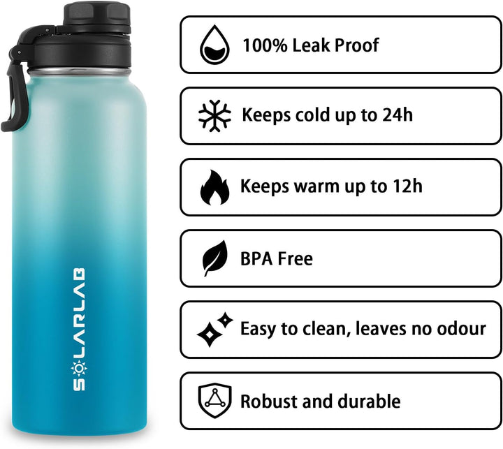 SOLARLAB Trinkflasche edelstahl - Thermoflasche Isolierflasche Thermoskanne 1l für heisse und kalte