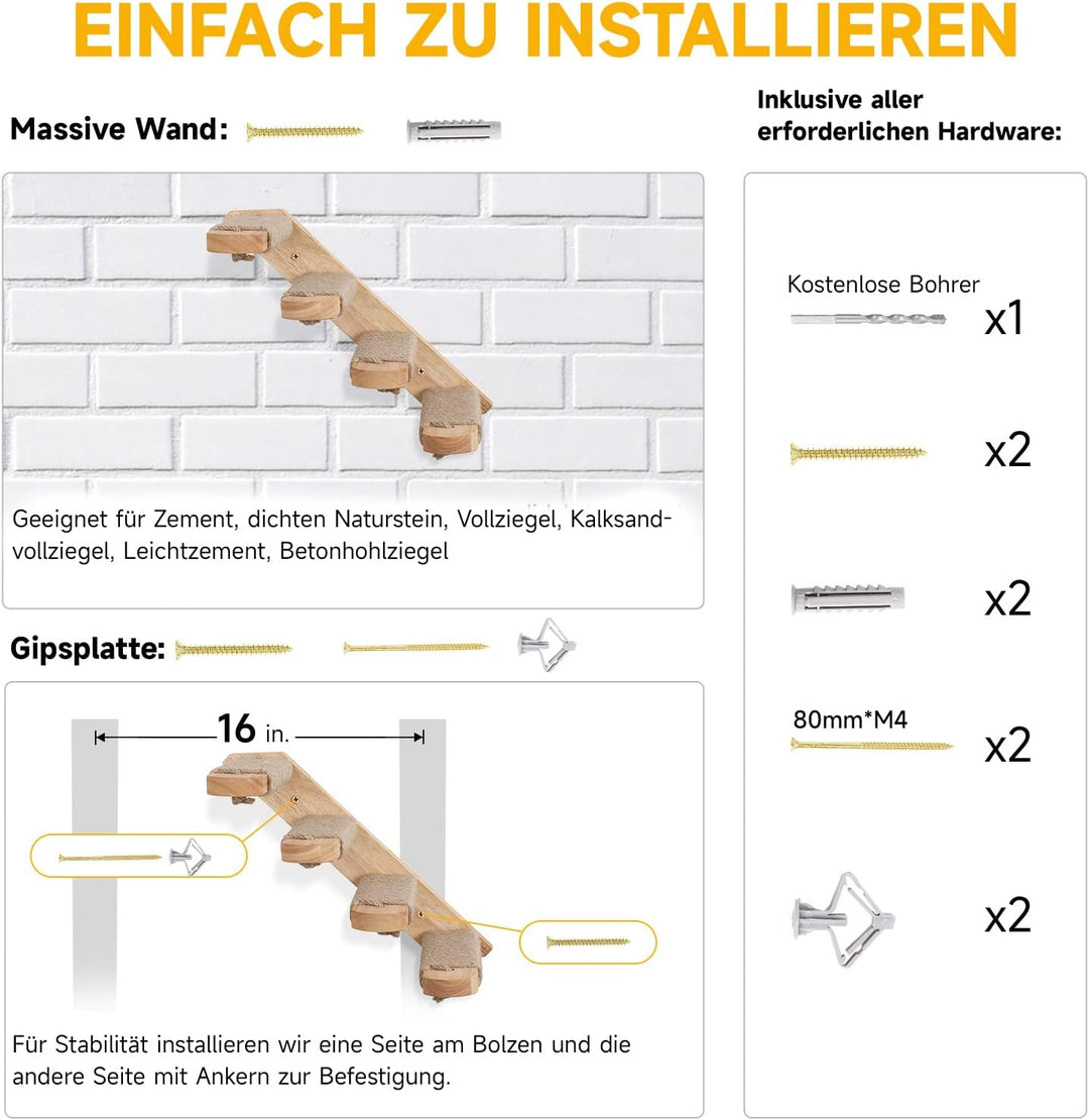 FUKUMARU Kletterwand Katzen, Katzentreppe Wand, Wandliege Katzen, aus Massives Gummiholz, für Katzen