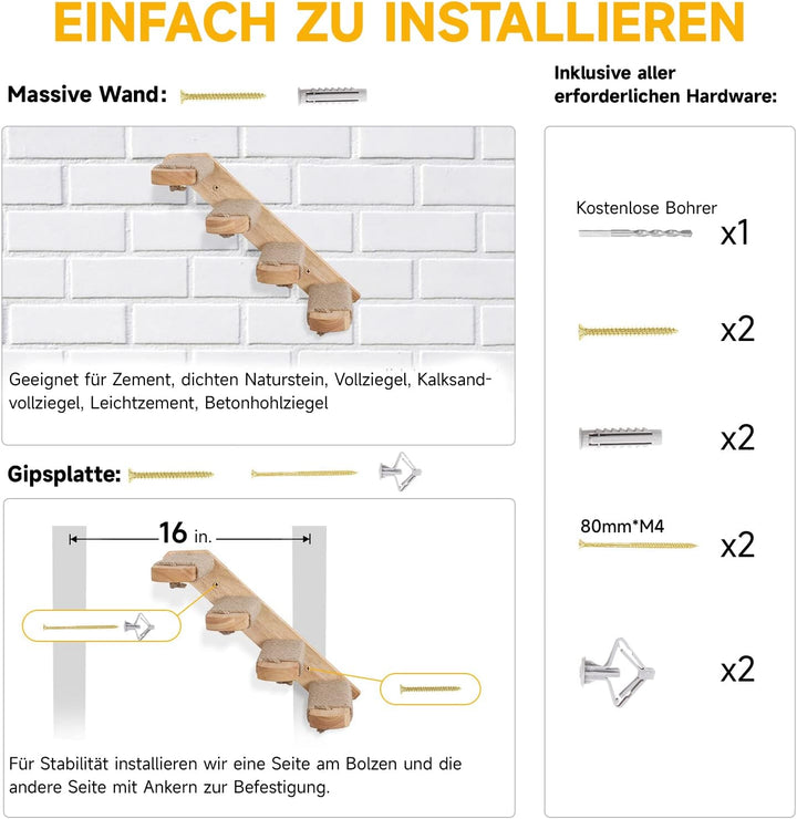 FUKUMARU Kletterwand Katzen, Katzentreppe Wand, Wandliege Katzen, aus Massives Gummiholz, für Katzen