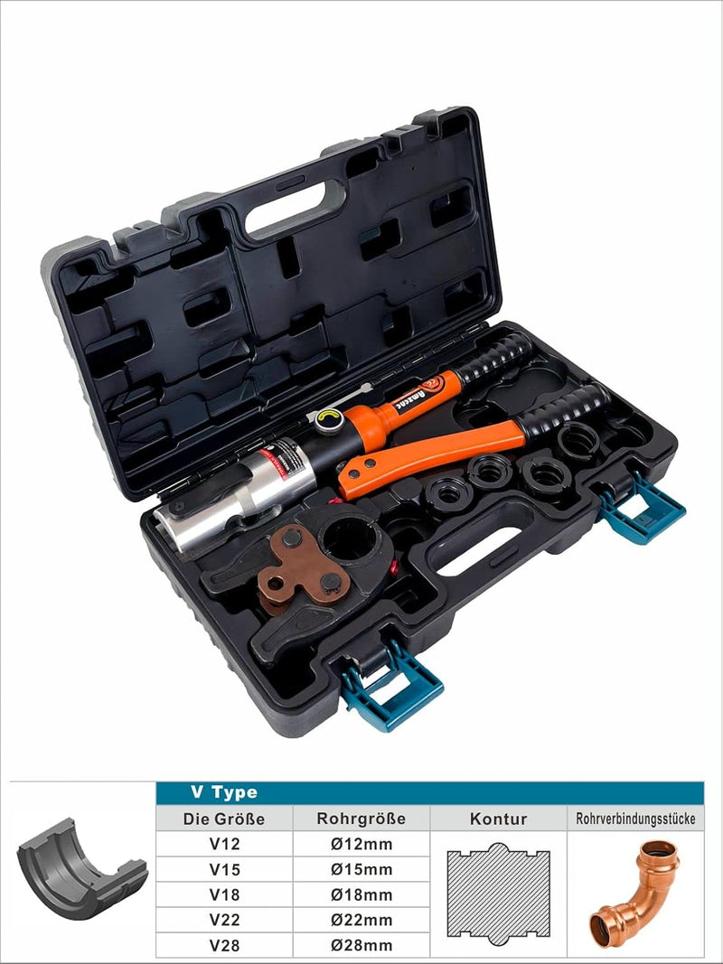AMZCNC Profi Presszange (hydraulisch) Presswerkzeug V-Kontur 12-15-18-22-28 Set Presswerkzeug HPZ mi