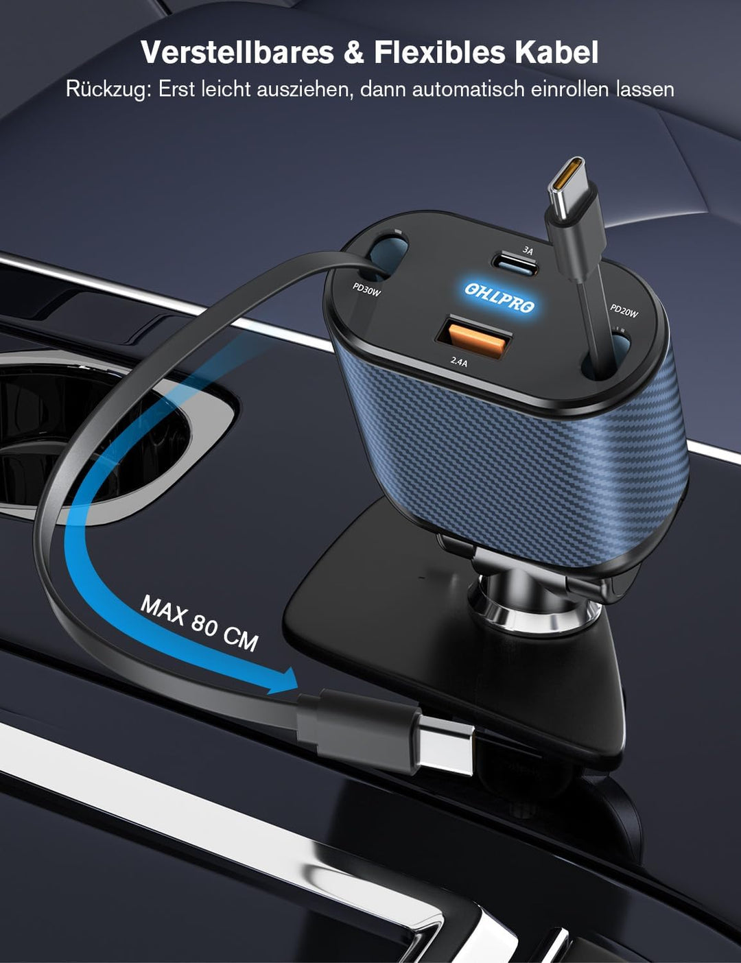 OHLPRO 4 in 1 Einziehbares Auto Ladegerät Zigarettenanzünder USB-C mit 2 Typ-C Kabel, Handy Schnelll