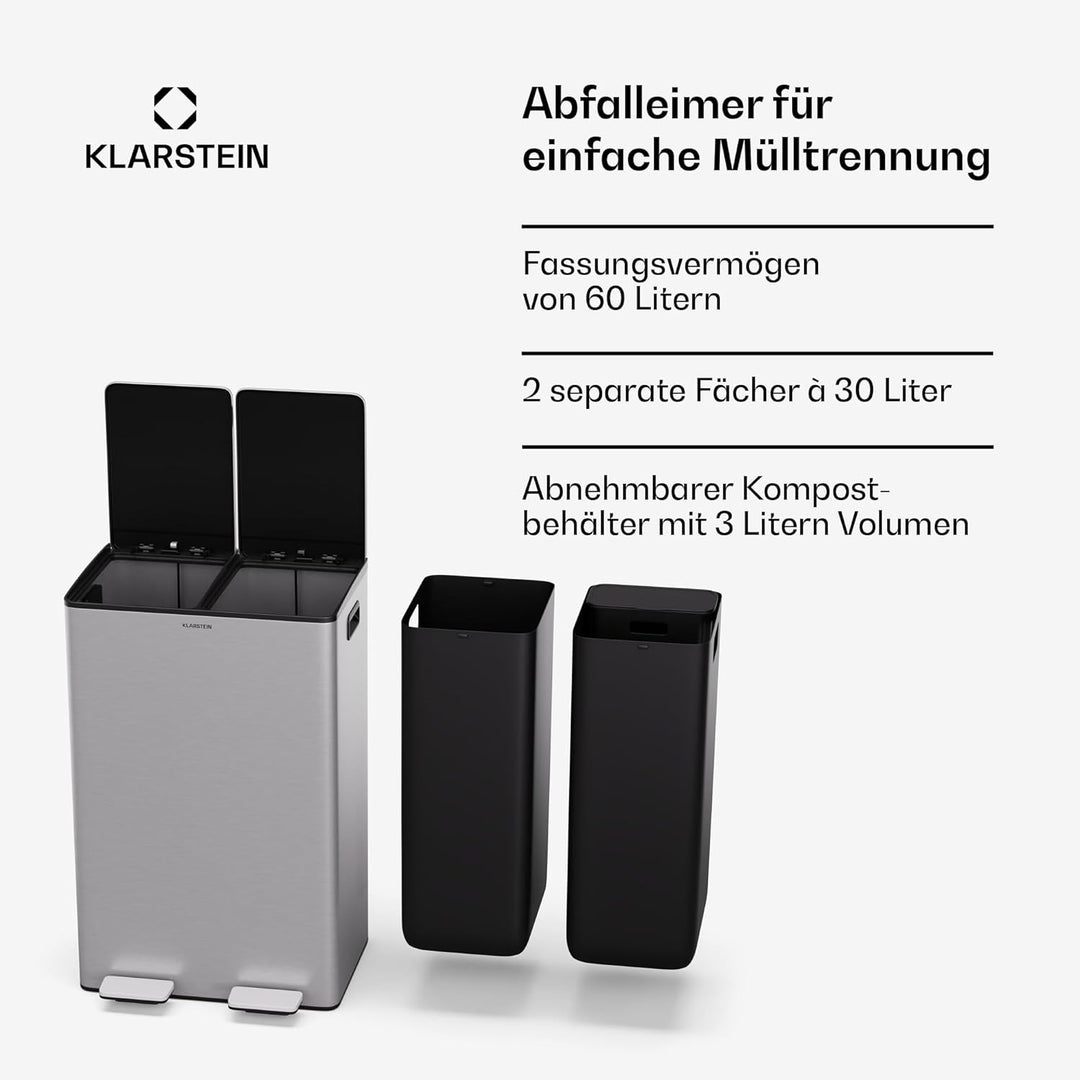 Klarstein EcoVista Mülleimer - 60L Abfalleimer mit 2 Fächern & 3L Kompostbehälter, Soft-Close, Edels