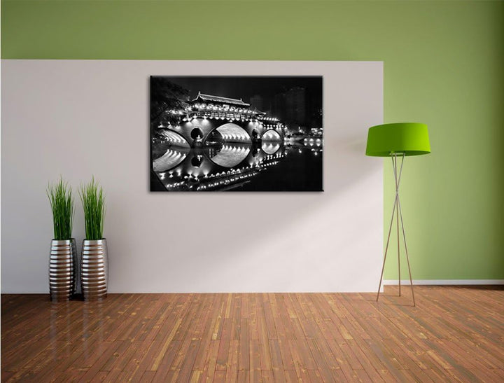 Pixxprint hellerleuchtete chinesische Brücke als Leinwandbild/Grösse: 100x70 / Wandbild/Kunstdruck/f