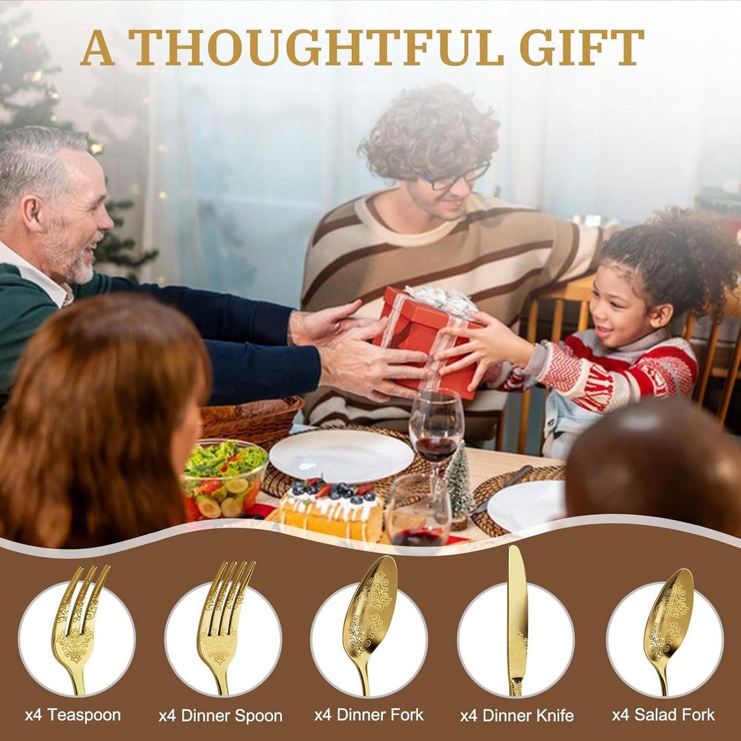 DRAGON RIOT Gold Besteck Set 20-Teilig, Edelstahl Besteckset für 4 Personen, Essbesteck Set mit Mess