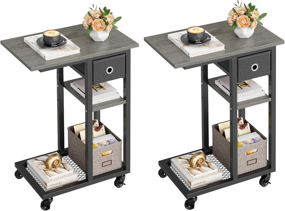 YITAHOME 2PCS Beistelltisch, C-Form Sofatisch mit Rollen und Schublade，Wohnzimmertisch für Kaffee un