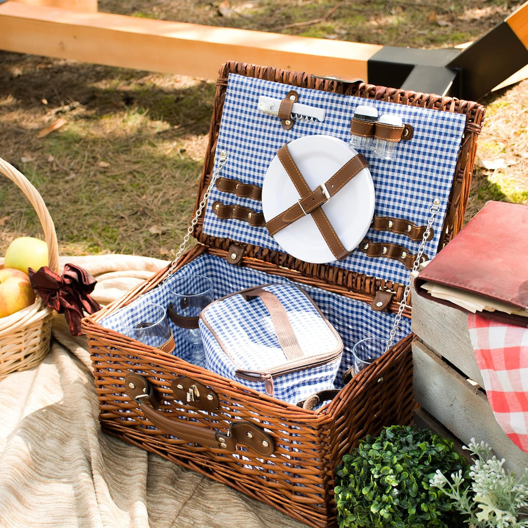 Zolta Picknickkorb 4 Personen - Korb mit Deckel - Weidenkorb mit Picknick Geschirr und Thermotasche