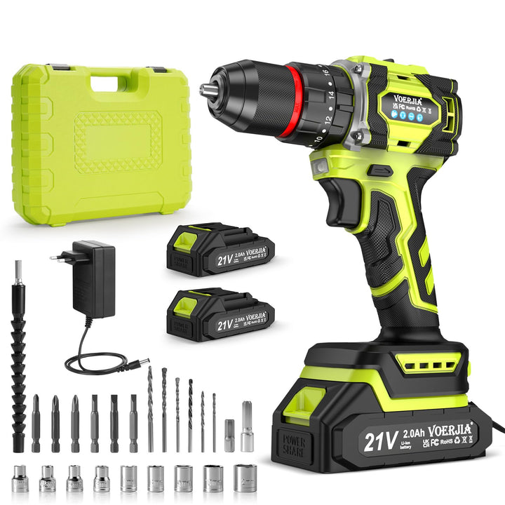 21V Akku bohrhammer, Bürstenlose Akkuschrauber Set mit 2 * 2000 mAh Akku, 3/8" Bohrfutter, 21+3 Dreh