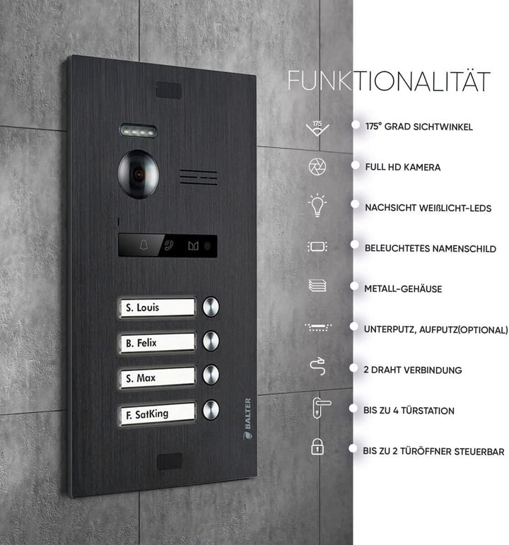 Balter EVO HD Schwarz/Weiss WiFi Video Türsprechanlage Set für 4 Familienhaus (1x Türstation mit Ful