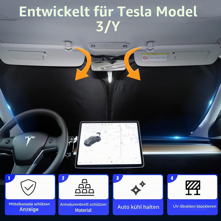 Sonnenschutz exklusiv für Tesla Model 3 / Y, Frontscheibe, Doppellagiges lichtundurchlässiges Gewebe