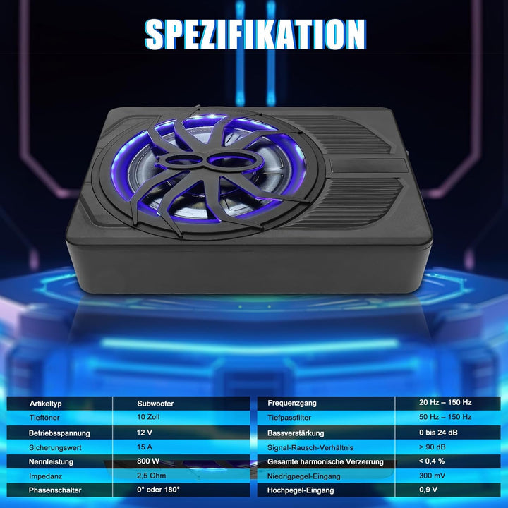 10 Zoll 800W Ultra-Dünner Aktiv-Subwoofer Für Auto/Truck Mit Verstärker, 24dB Starker Bass, Tiefpass