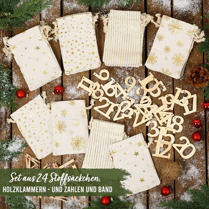 Papierdrachen 24 Adventskalender Stoffsäckchen zum Befüllen - mit XXL Holzzahlen von 1-24 - Geschenk