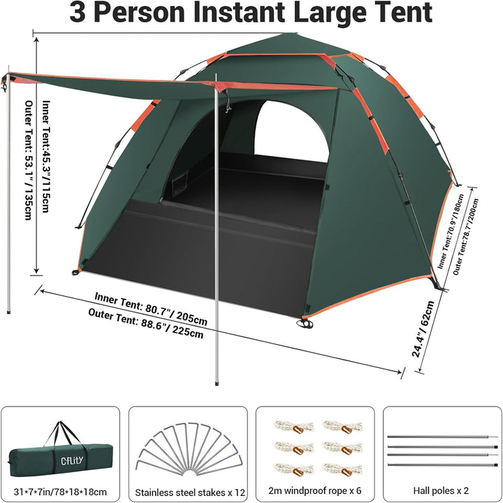 Cflity Camping Zelt, 3 Personen Pop Up Zelt Automatisches Instant DREI Schicht Wasserdicht 4 Jahresz