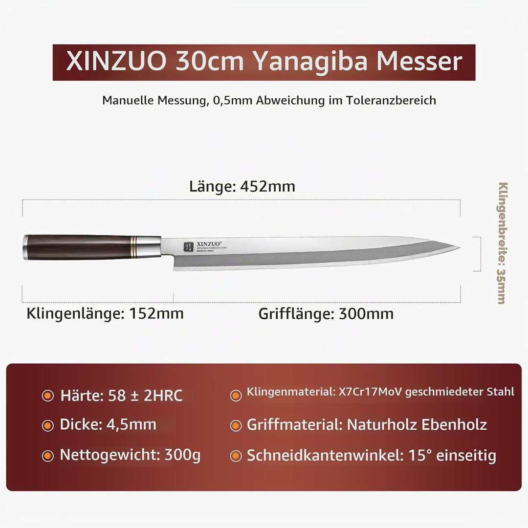 XINZUO 30cm Sashimi Messer X7Cr17MoV Edelstahl, Traditionelles japanisches Kunsthandwerk Yanagiba Fi