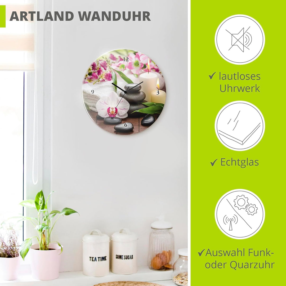 ARTLAND Wanduhr ohne Tickgeräusche Glas Quarzuhr Ø 30 cm Rund Lautlos Zen Steine Orchideen Blumenmot