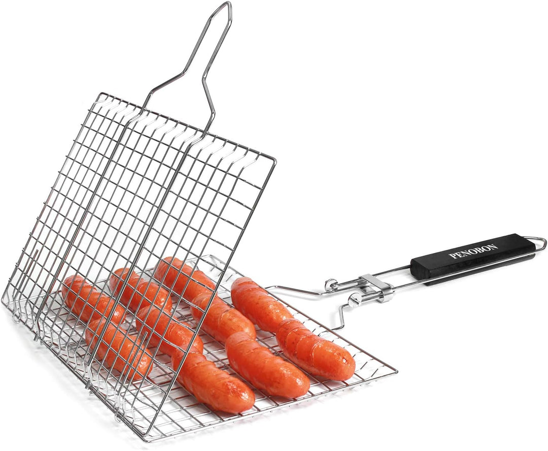 penobon Fisch-Grillkorb, faltbar, tragbarer Edelstahl-Grillkorb für Fischgemüse, Garnelen mit abnehm