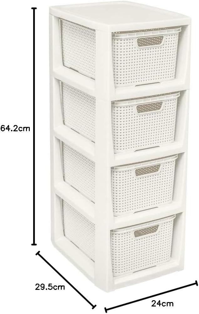 BranQ - Home essential Regal in Rattan Design, Kunststoff PP, Creme, 29,5 x 24 x 64,2 cm 4 Körben Cr
