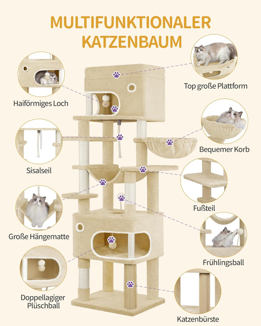 Hzuaneri Kratzbaum, 178 cm Katzenbaum mit grosser Plattform, 2 Höhlen, 7 Kratzsäulen, Pompons, Liege