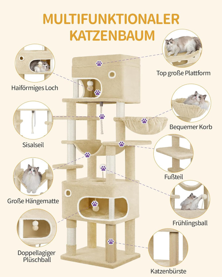 Hzuaneri Kratzbaum, 178 cm Katzenbaum mit grosser Plattform, 2 Höhlen, 7 Kratzsäulen, Pompons, Liege
